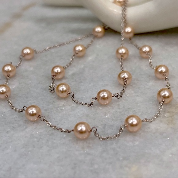 SWAROVSKI Crystal Peach Pearl Sterling Silver Necklace and Dangle … - Picture 4 of 12